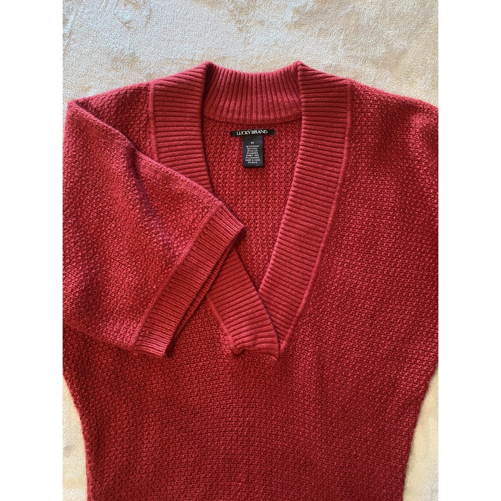Lucky Brand Sweater‎ Womens Sz M Red Short Sleeve V Neck Angora Cashmere Blend